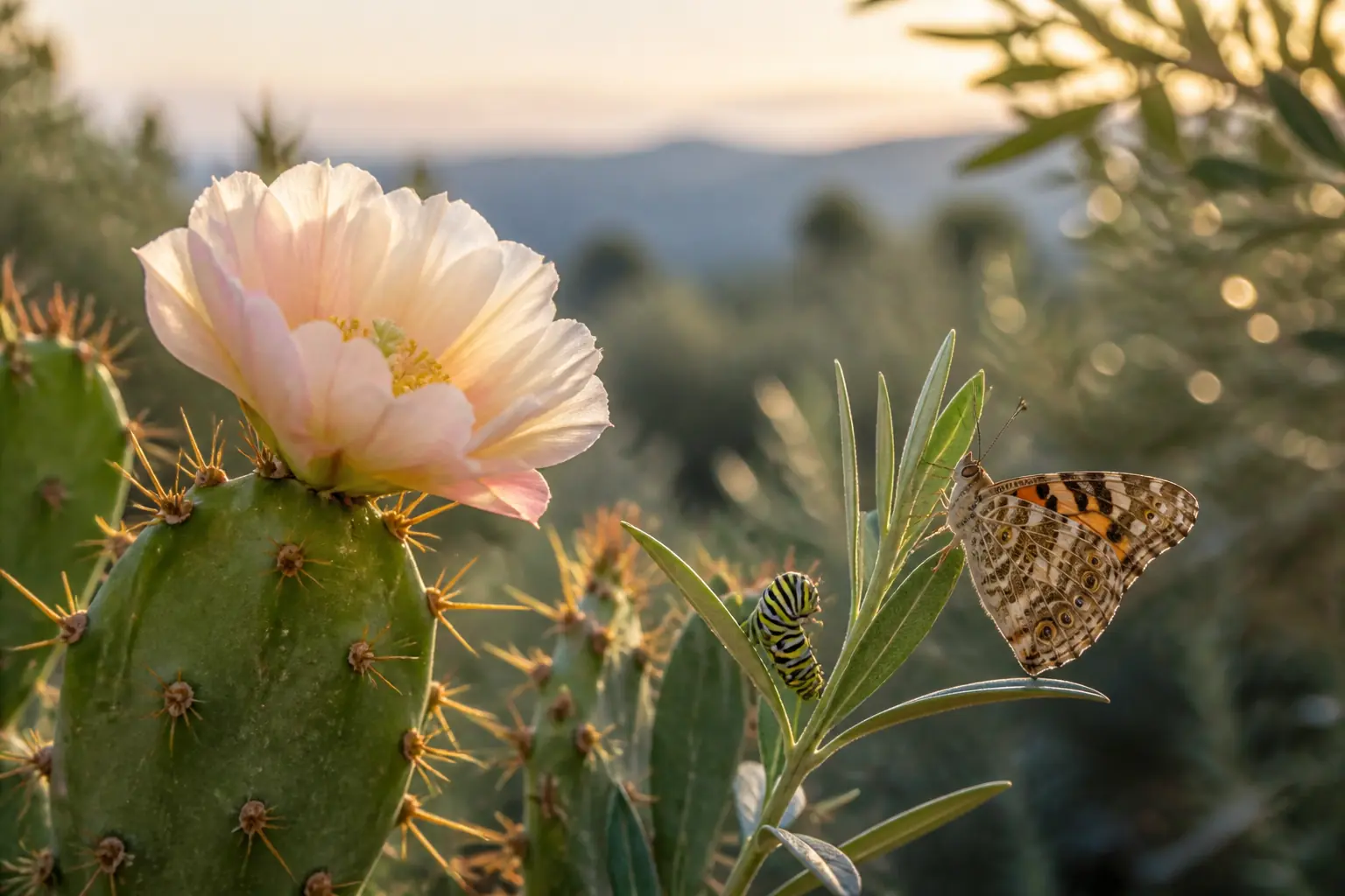 Cactus floreciendo junto a una mariposa, símbolo de la paciencia, la esperanza y la acción de Dios en el tiempo.