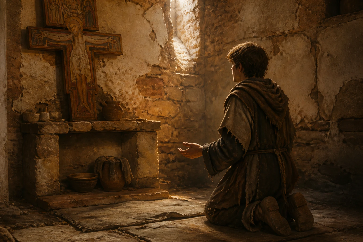 Francisco de Asís reza arrodillado ante el crucifijo de San Damián en una capilla en ruinas.