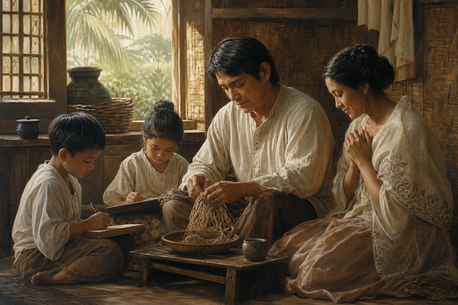 Lorenzo Ruiz comparte una oración silenciosa con su esposa e hijos en su hogar de Manila.