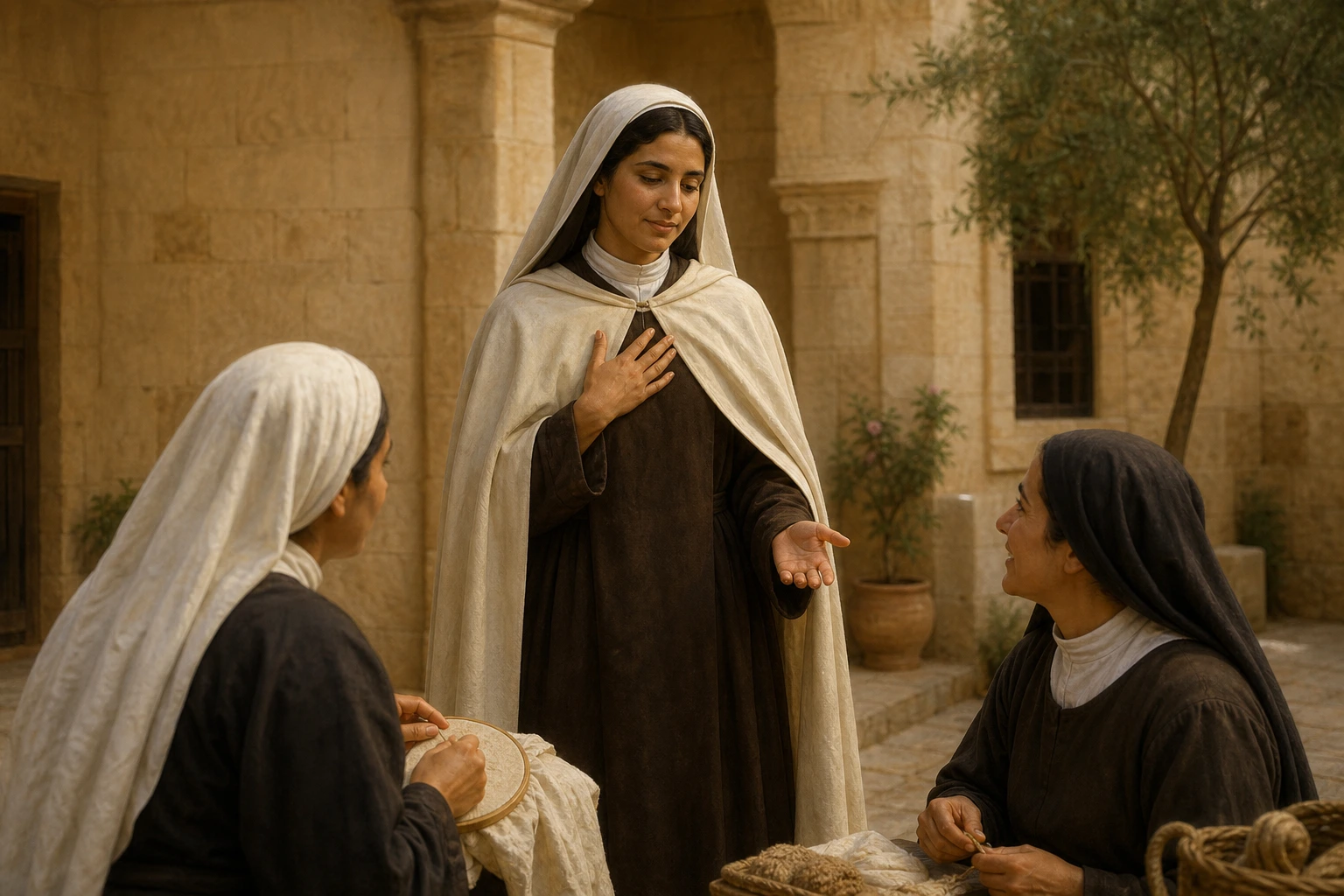 Santa Mariam Baouardy conversa humildemente con dos hermanas en el patio cálido de un convento de Belén.