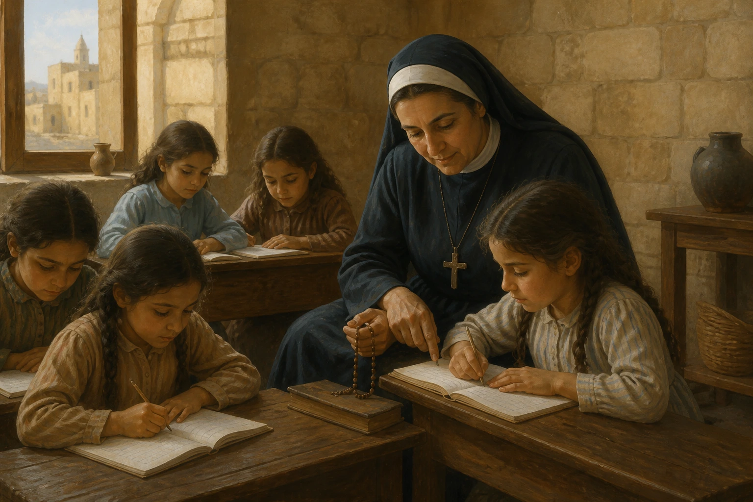 Santa María Alfonsina enseña a unas niñas en una escuela sencilla de Jerusalén mientras sostiene discretamente un rosario.
