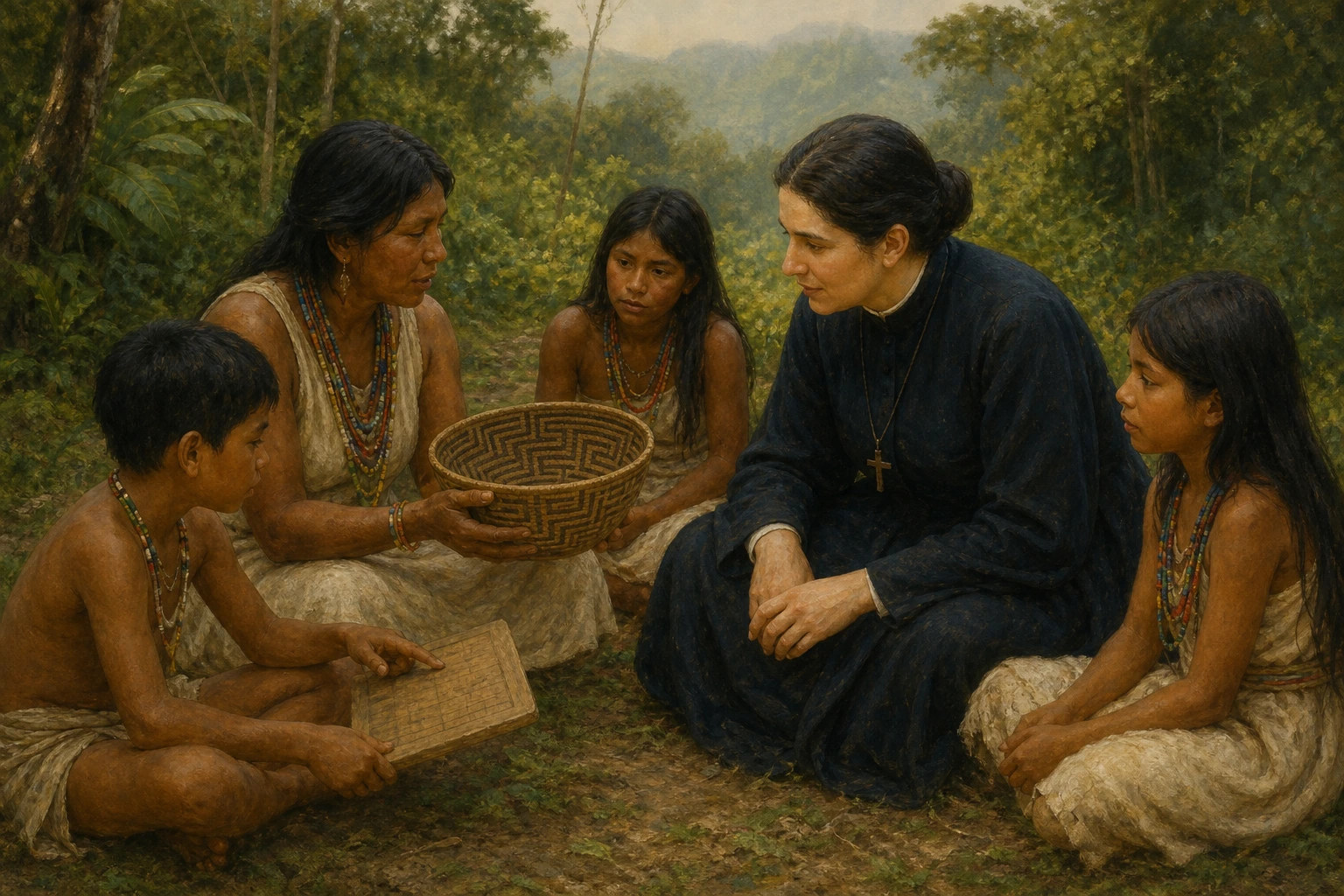 Santa Laura Montoya escucha a mujeres y niños Emberá en un encuentro respetuoso en las montañas de Antioquia.