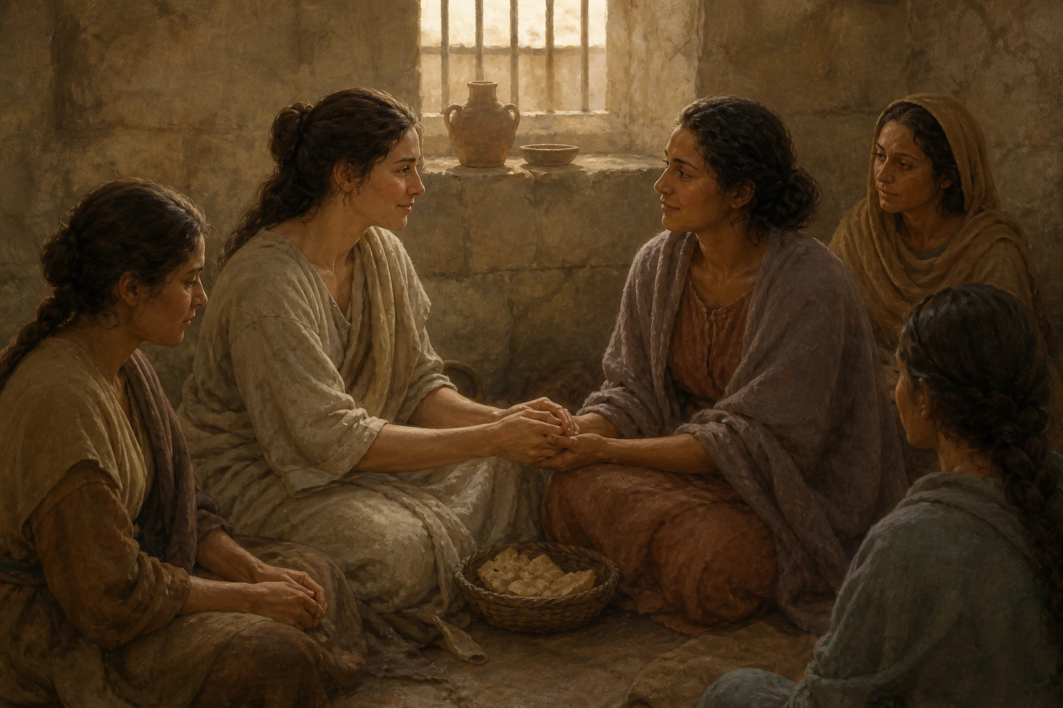 Santas Perpetua y Felicidad se toman de las manos como iguales en medio de su comunidad encarcelada.
