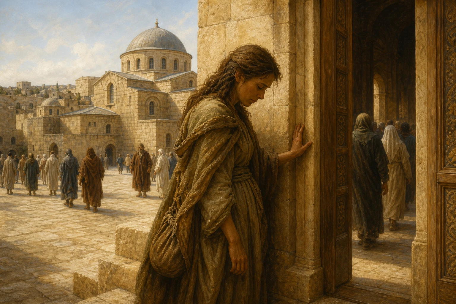 Santa María Egipcíaca se detiene con humildad ante la puerta de una iglesia de Jerusalén.