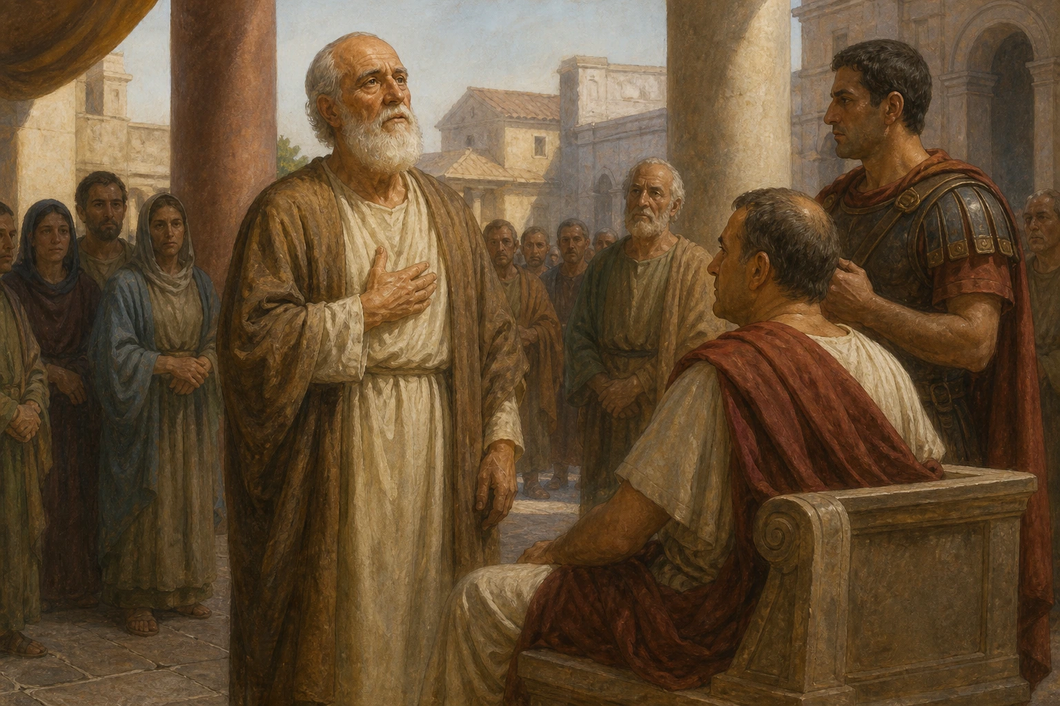 El anciano San Policarpo permanece sereno ante las autoridades romanas y afirma su fidelidad.