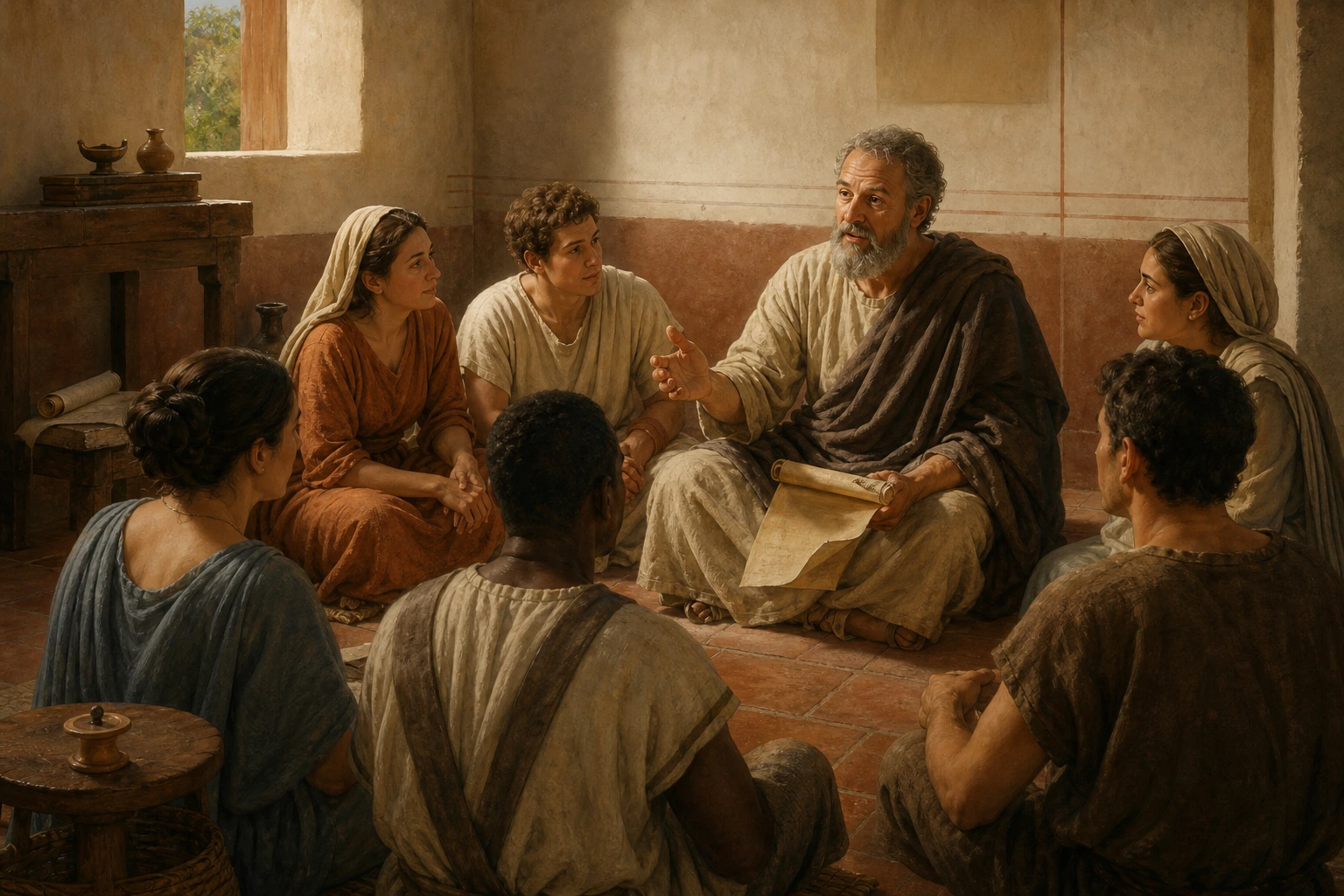 San Justino dialoga gratuitamente con un pequeño grupo de alumnos en una estancia romana.