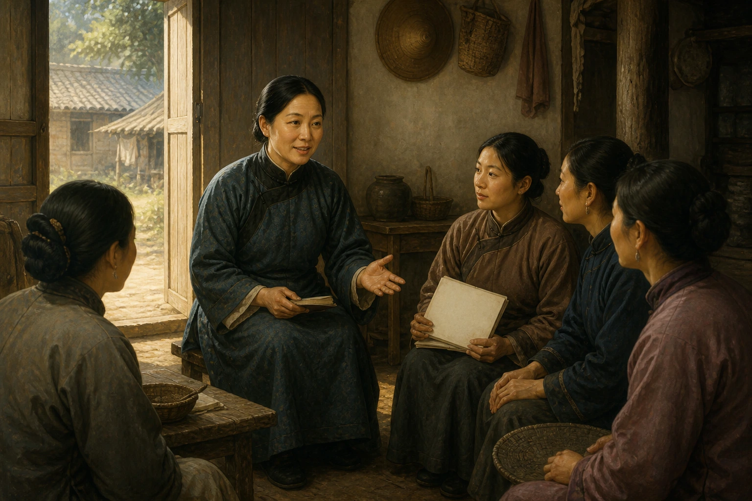 Santa Inés Cao Guiying enseña la fe a un pequeño grupo de mujeres en una casa rural china.