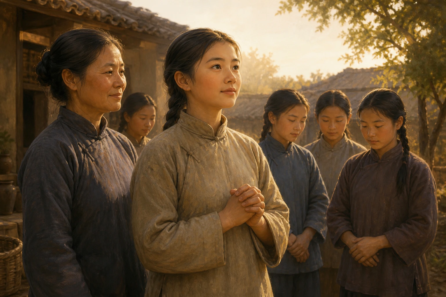 Santa Ana Wang, de catorce años, permanece serena junto a su madre y otras jóvenes en un patio rural chino.