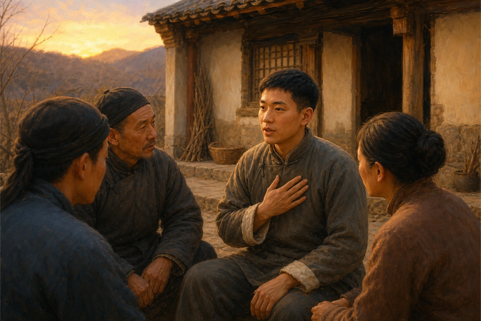 San Chi Zhuzi confiesa serenamente su fe ante varios cristianos en el patio de una casa rural china.