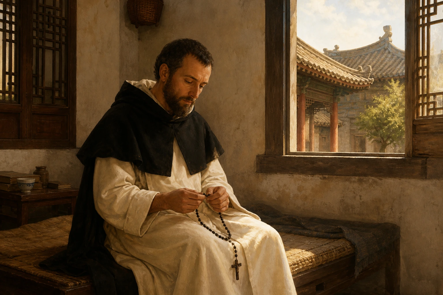 San Francisco Fernández de Capillas reza el Rosario serenamente en una estancia austera de China.