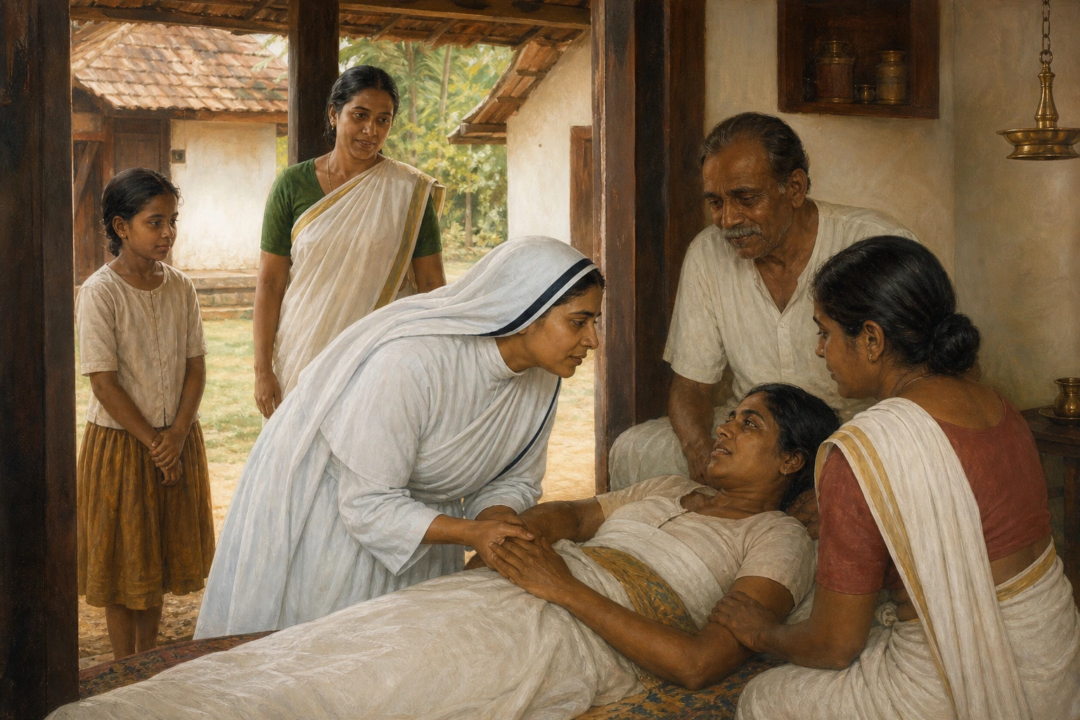 Santa Mariam Thresia visita y acompaña a una mujer enferma en una casa familiar de Kerala.
