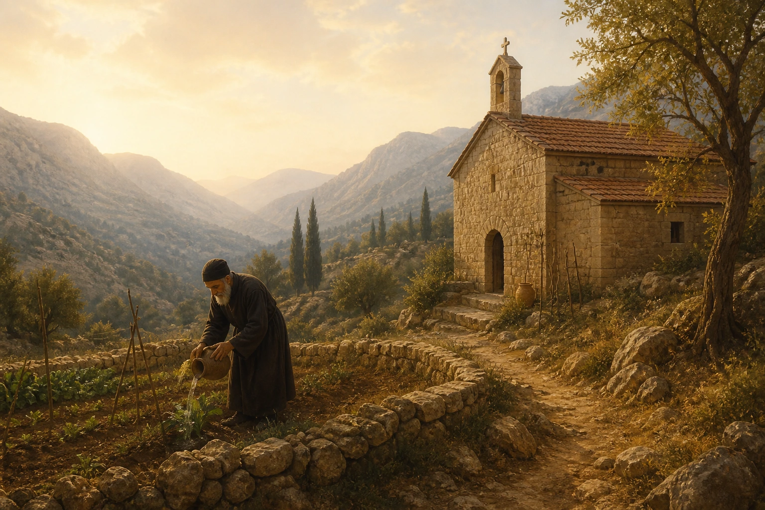 San Charbel trabaja humildemente en el huerto junto a su ermita en las montañas del Líbano.