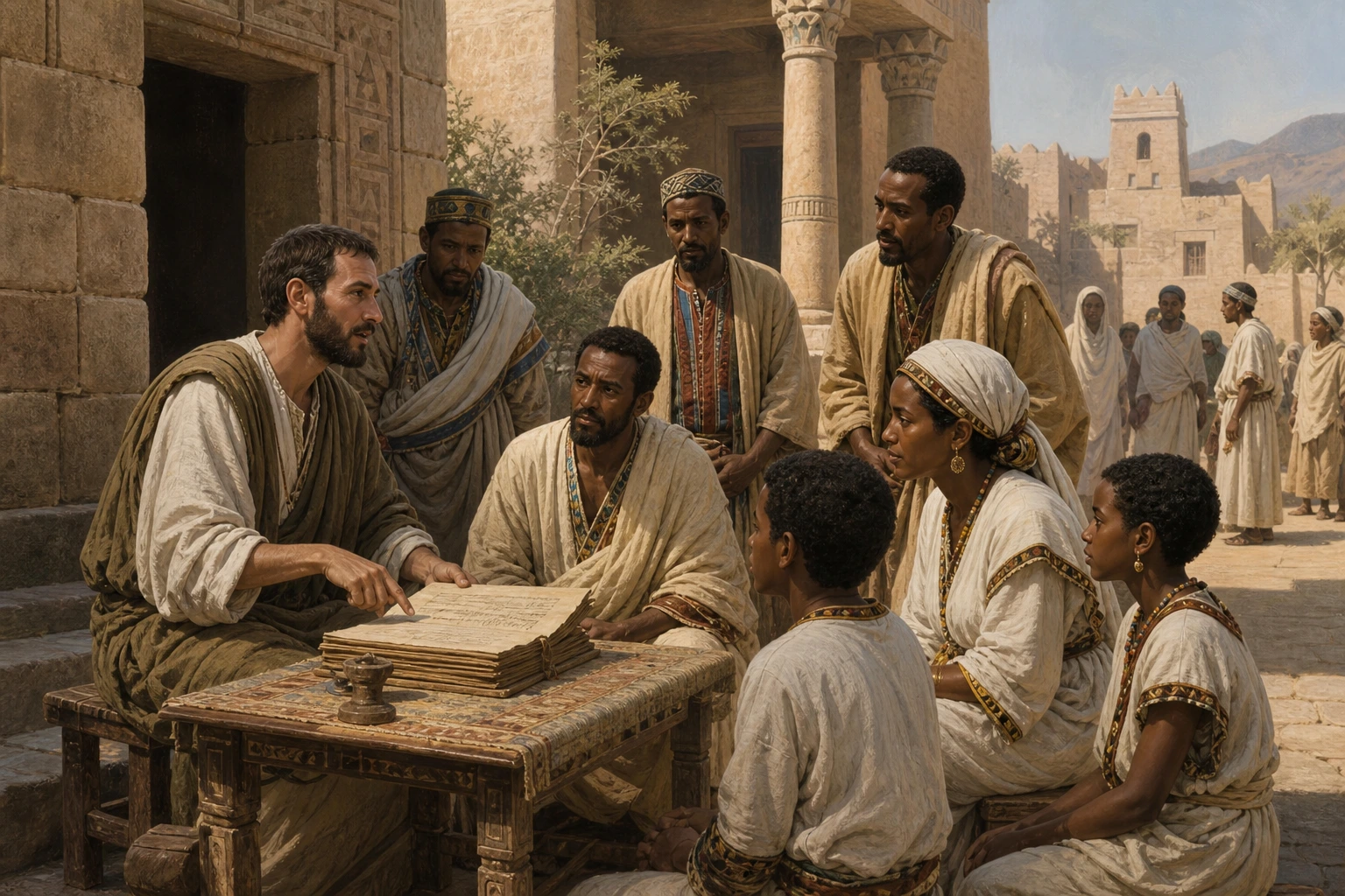 San Frumencio conversa y escucha a una familia y varios oyentes en un patio del reino de Aksum.