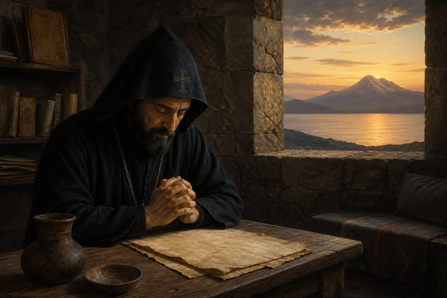 San Gregorio de Narek reza en silencio en su celda monástica junto al lago Van.