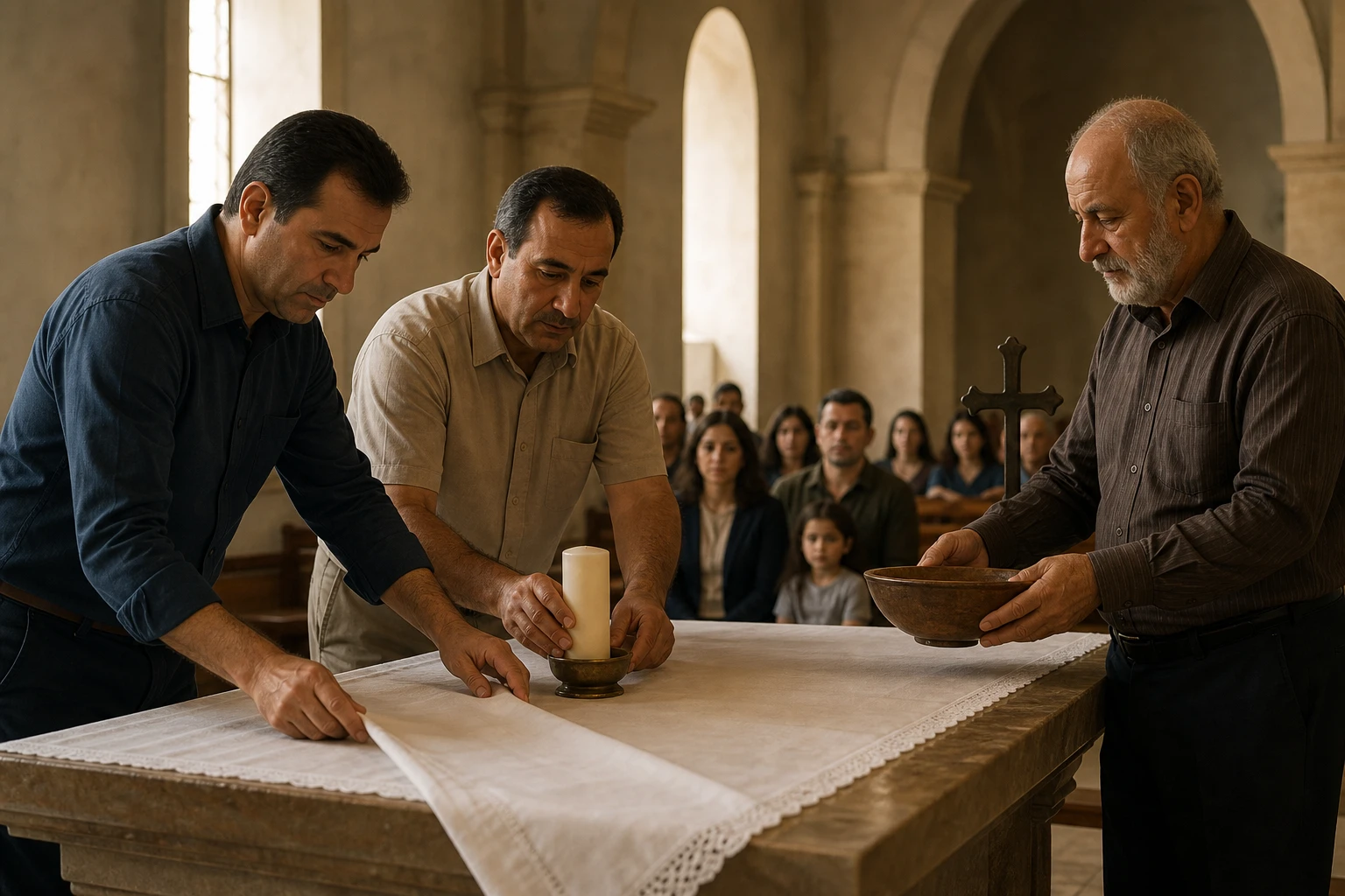 Basman, Ghasan y Wahid preparan juntos el altar de una iglesia caldea de Mosul.