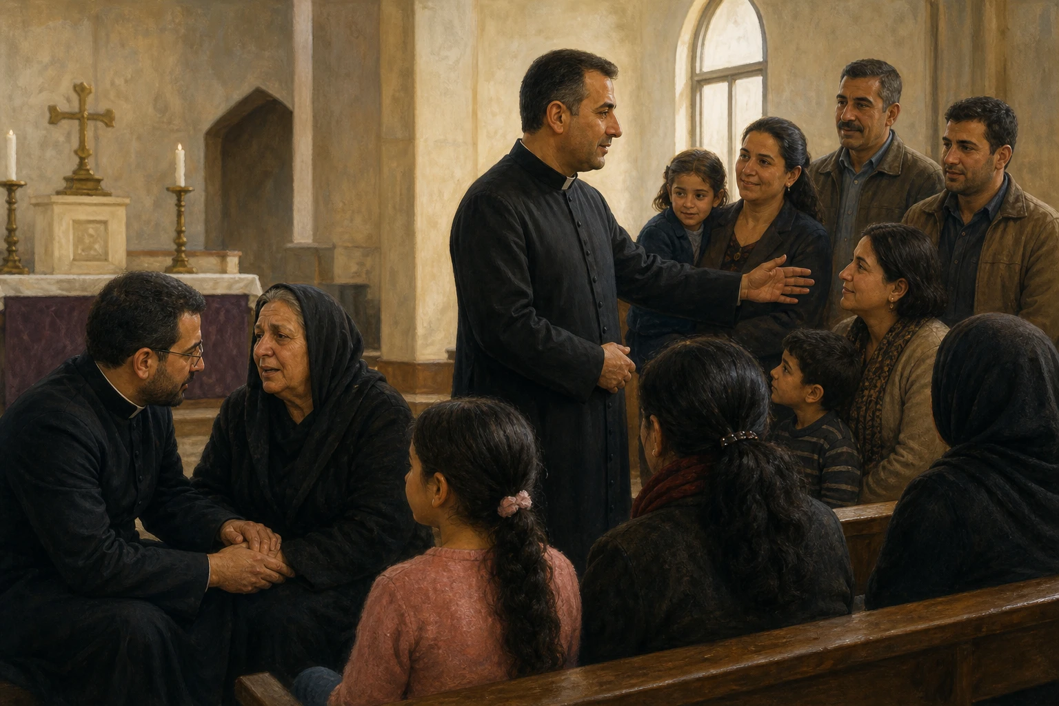 Thaer Abdal y Wassim Kas Boutros acompañan a familias reunidas en una iglesia de Bagdad.