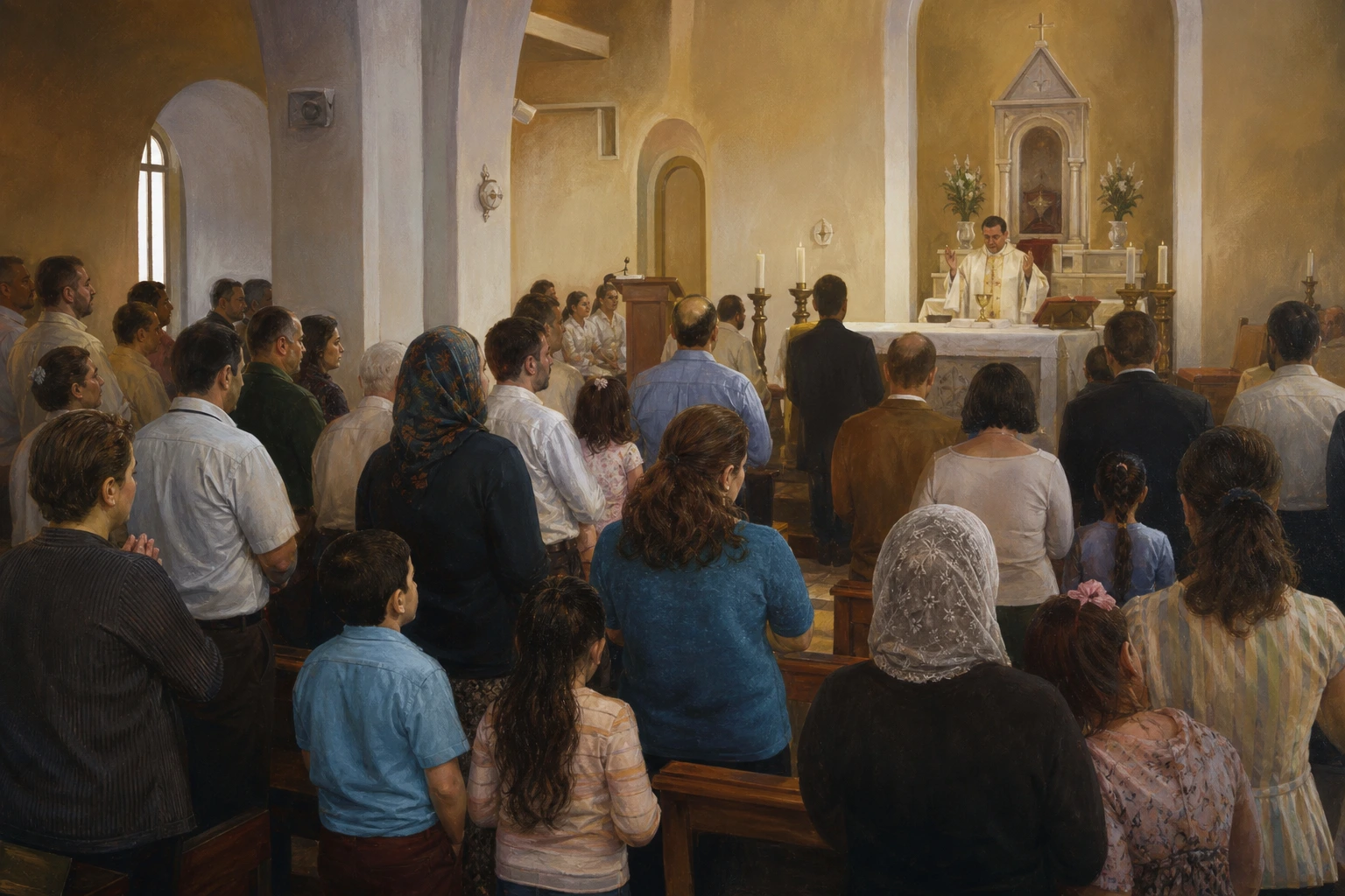 Familias cristianas iraquíes reunidas serenamente para la Eucaristía en una iglesia de Bagdad.