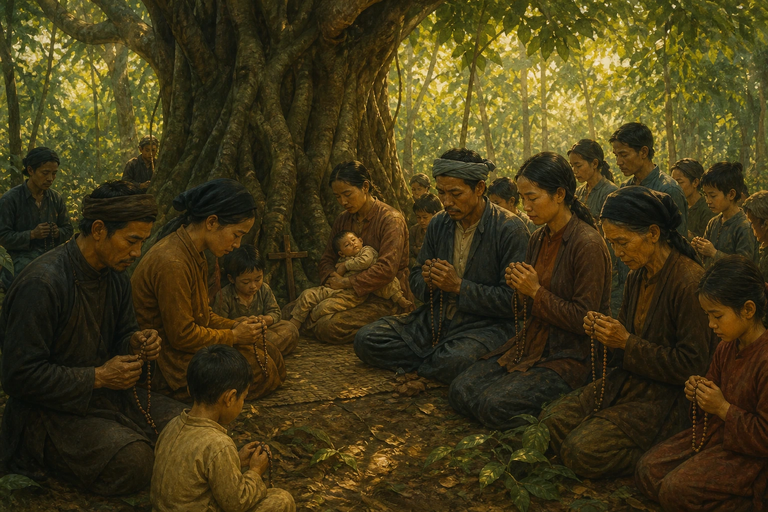 Familias católicas vietnamitas rezan el rosario bajo un gran árbol en el bosque de La Vang.