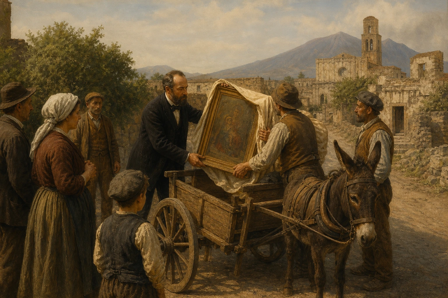 Bartolo Longo y varios vecinos reciben una imagen religiosa llegada a Pompeya en una humilde carreta.