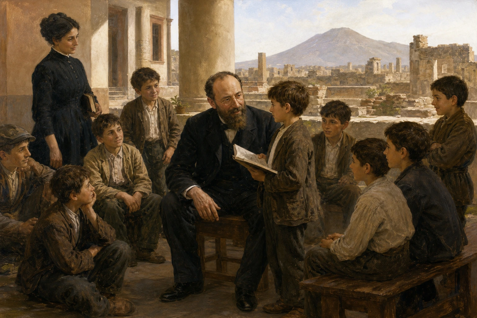 Bartolo Longo escucha y anima a los hijos de presos en el patio de una obra educativa de Pompeya.