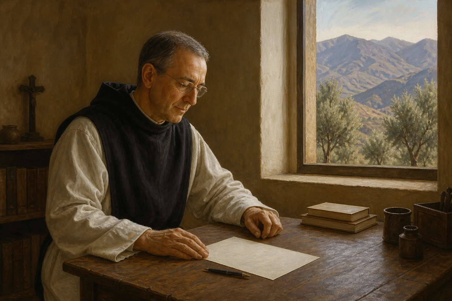 El beato Christian de Chergé contempla en silencio su testamento espiritual en Tibhirine.