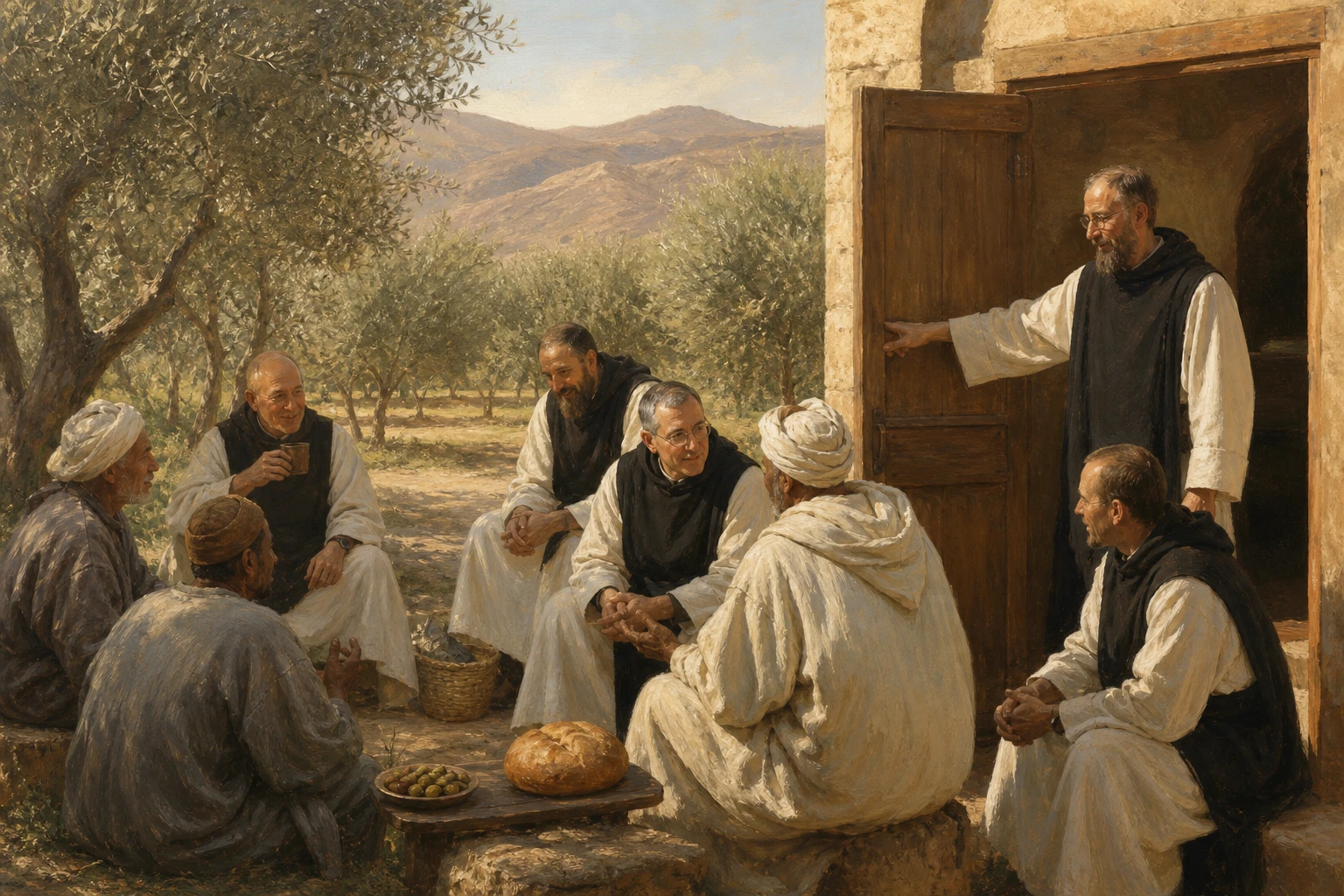 Los monjes de Tibhirine comparten pan y conversación con sus vecinos entre olivos.