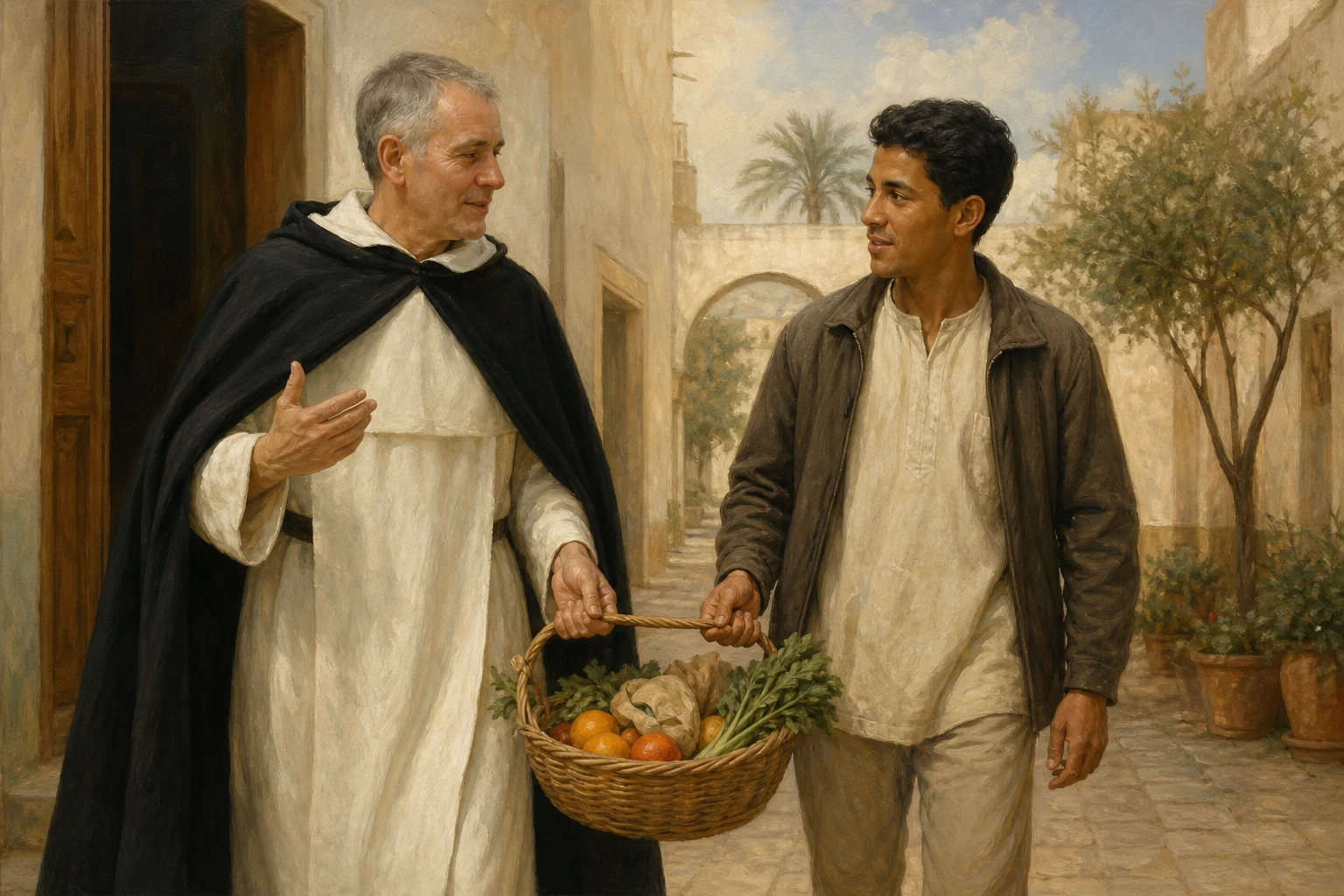 El beato Pierre Claverie y Mohammed Bouchikhi caminan juntos llevando alimentos a sus vecinos.