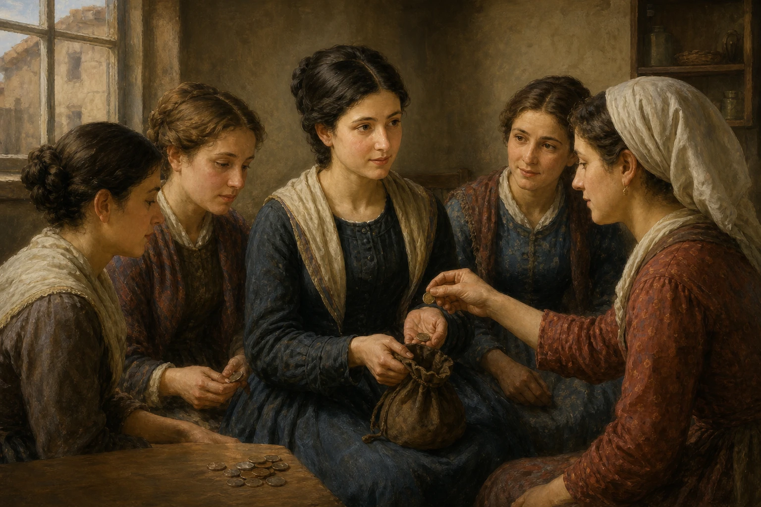Paulina Jaricot recibe pequeñas monedas de jóvenes trabajadoras en un interior modesto de Lyon.