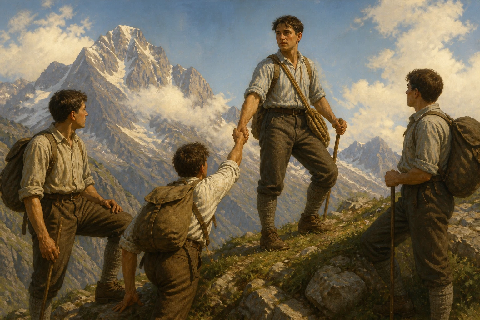 Pier Giorgio Frassati ayuda a un compañero durante una ascensión en los Alpes piamonteses.