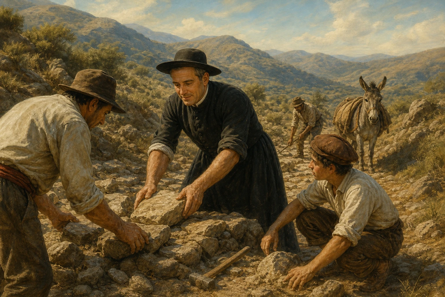 El Cura Brochero trabaja junto a campesinos en la construcción de un camino serrano de Córdoba.