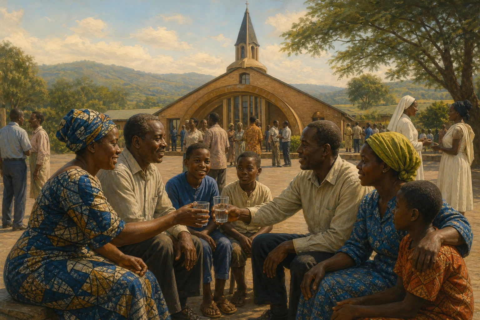 Dos familias comparten agua y conversación en el patio del santuario de Kibeho.