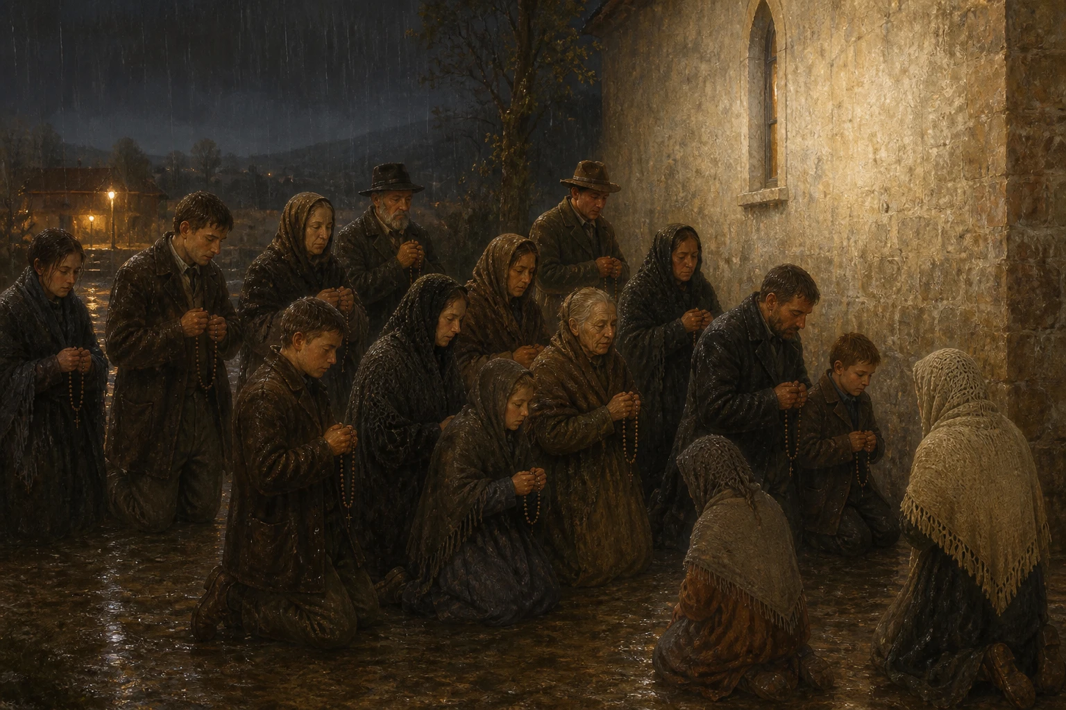 Quince aldeanos rezan el Rosario en silencio bajo la lluvia junto al muro de la iglesia de Knock.