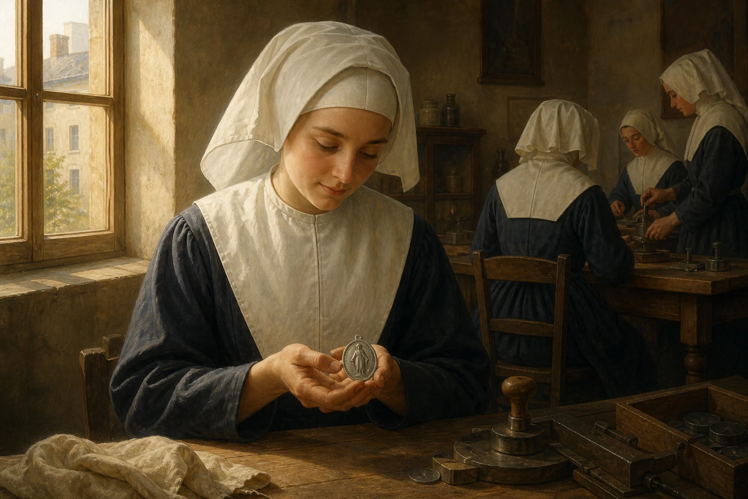 La joven novicia Catalina Labouré contempla humildemente una medalla en un taller conventual de París.