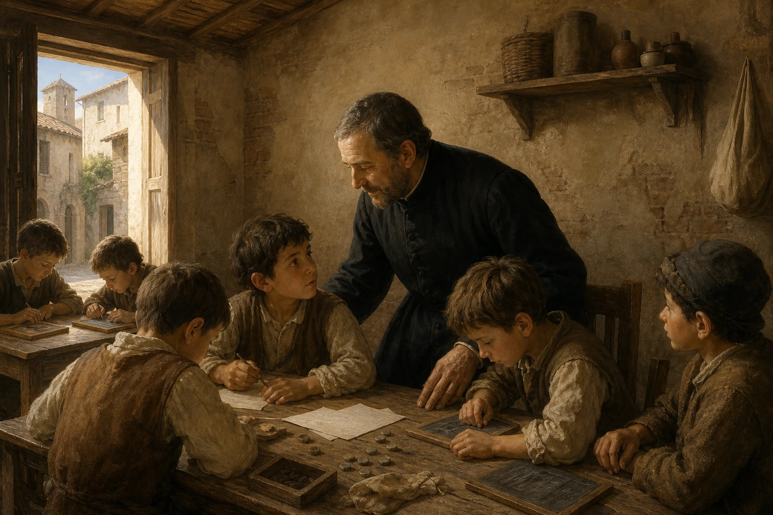 José de Calasanz enseña pacientemente a leer y contar a niños pobres en una pequeña escuela de Trastévere.