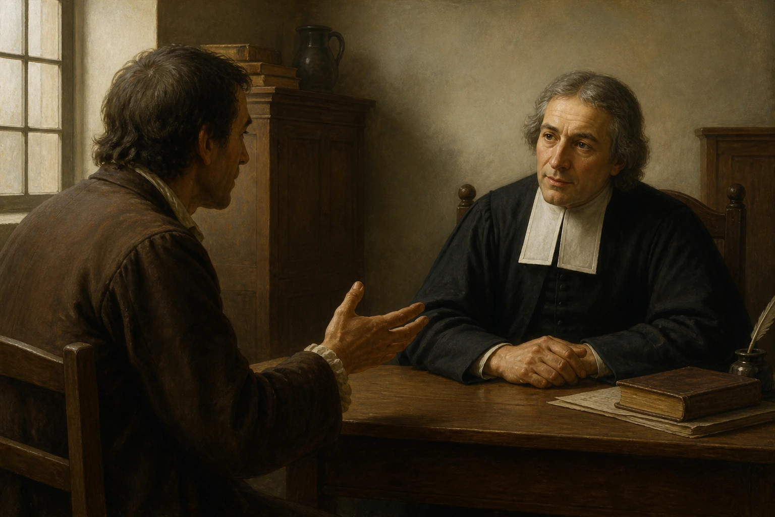 Un laico pide ayuda a san Juan Bautista de La Salle en una estancia sobria de la Francia del siglo XVII.