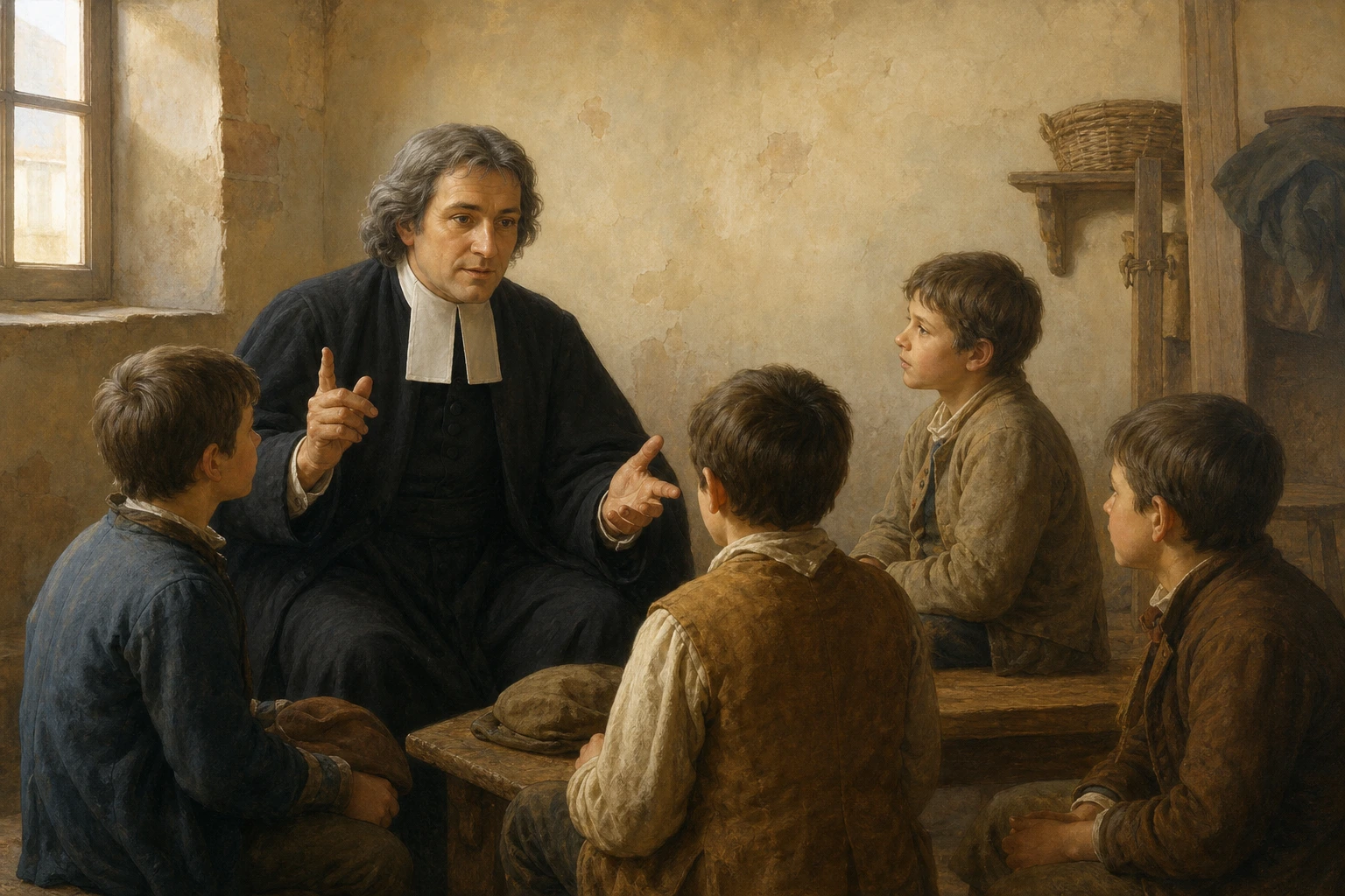 San Juan Bautista de La Salle enseña de forma cercana a niños en un aula popular de Reims.