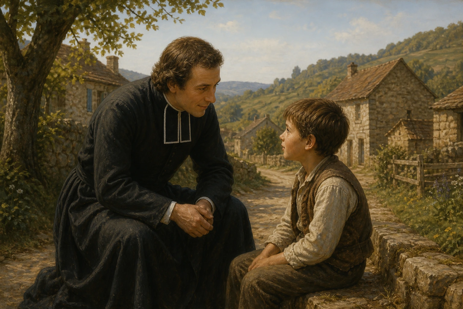 San Marcelino Champagnat conversa con afecto y respeto con un niño junto a una aldea francesa.