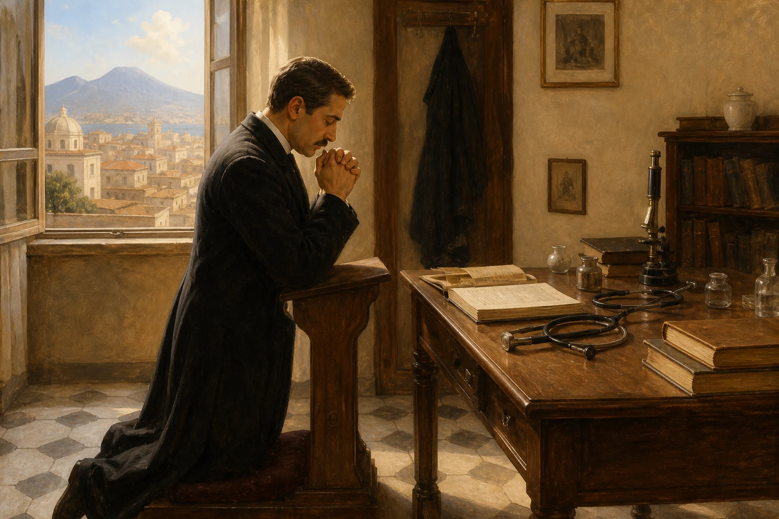 San Giuseppe Moscati reza de rodillas junto a su mesa de trabajo médico en la Nápoles de comienzos del siglo XX.