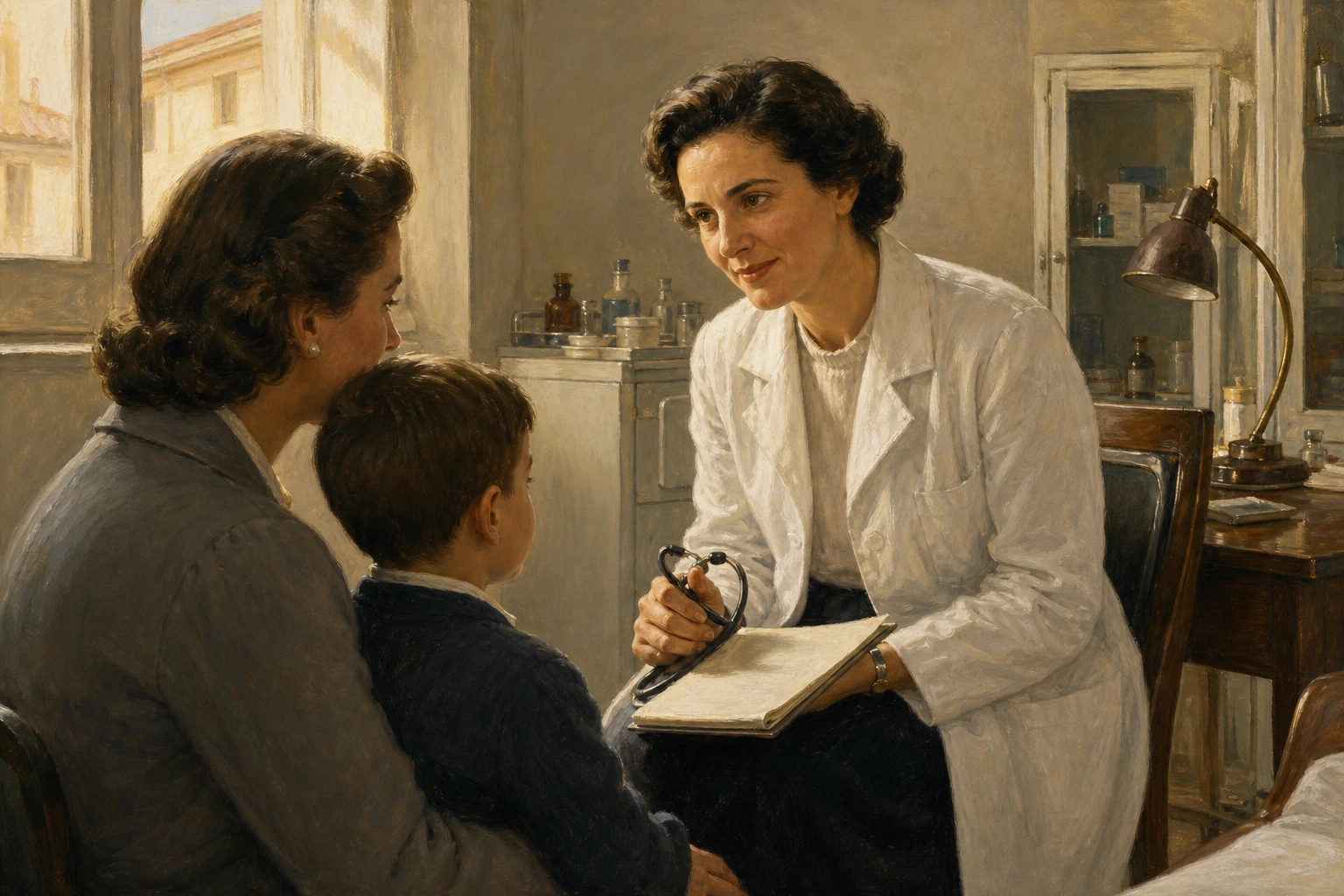 Santa Gianna Beretta Molla escucha con atención a una madre y su hijo en un consultorio italiano de mediados del siglo XX.