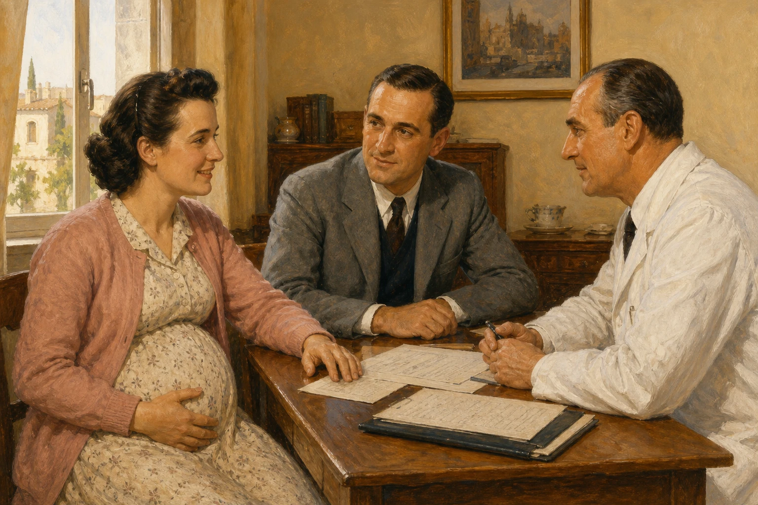 Santa Gianna Beretta Molla, embarazada, discierne serenamente junto a su esposo y un médico en 1961.