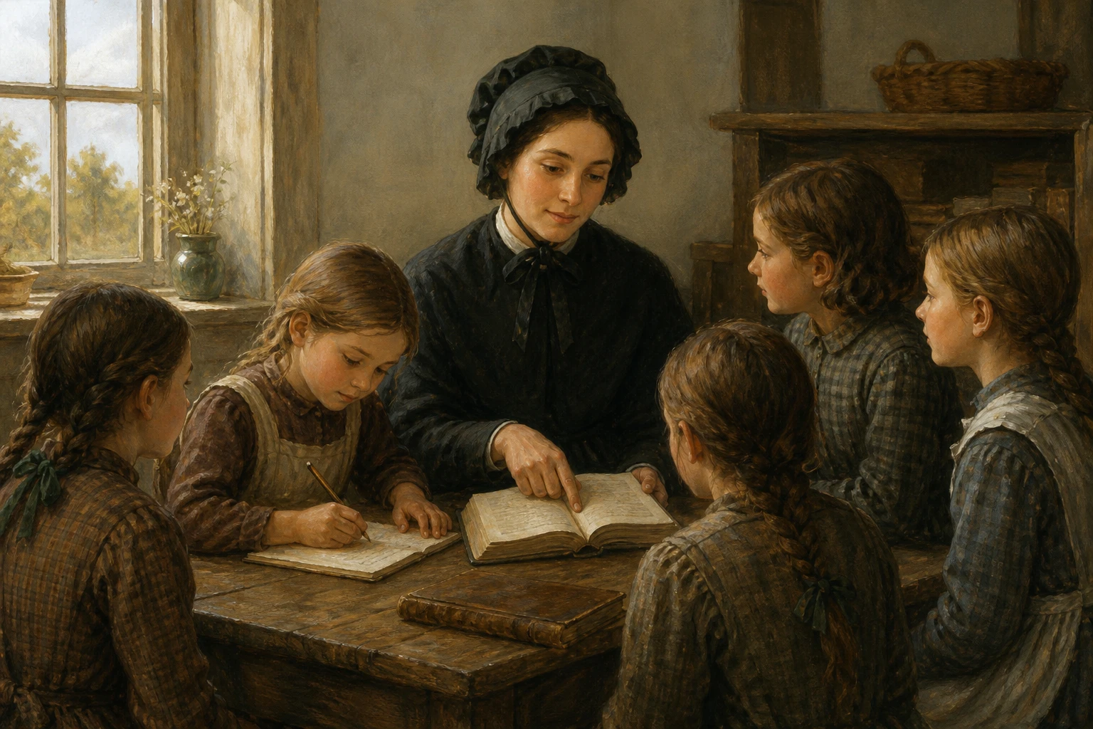 Santa Isabel Ana Seton enseña a un grupo de niñas en una escuela modesta de Emmitsburg a comienzos del siglo XIX.