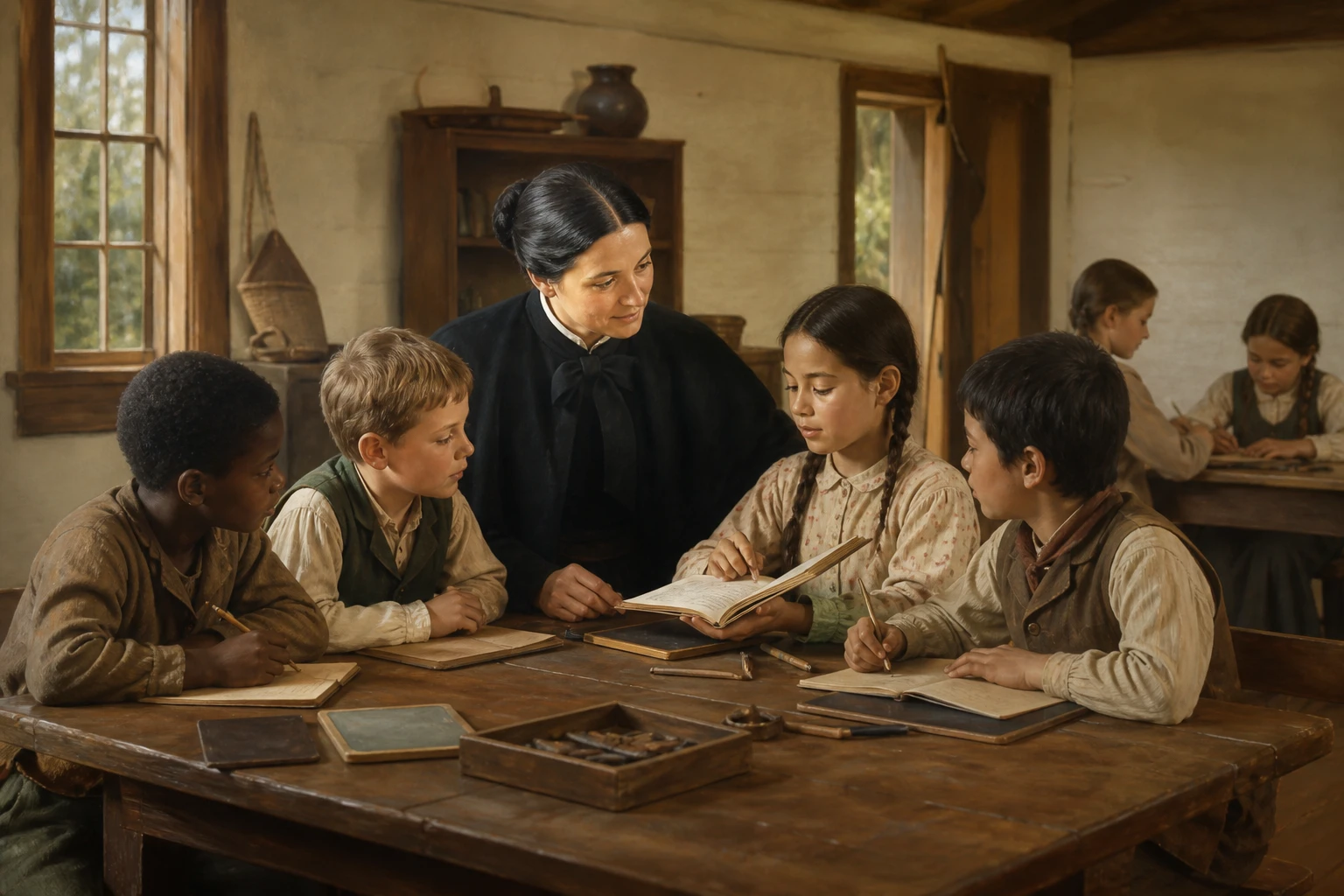 Santa Rosa Filipina Duchesne acompaña a niños negros, blancos y mestizos que aprenden juntos en una escuela de frontera.