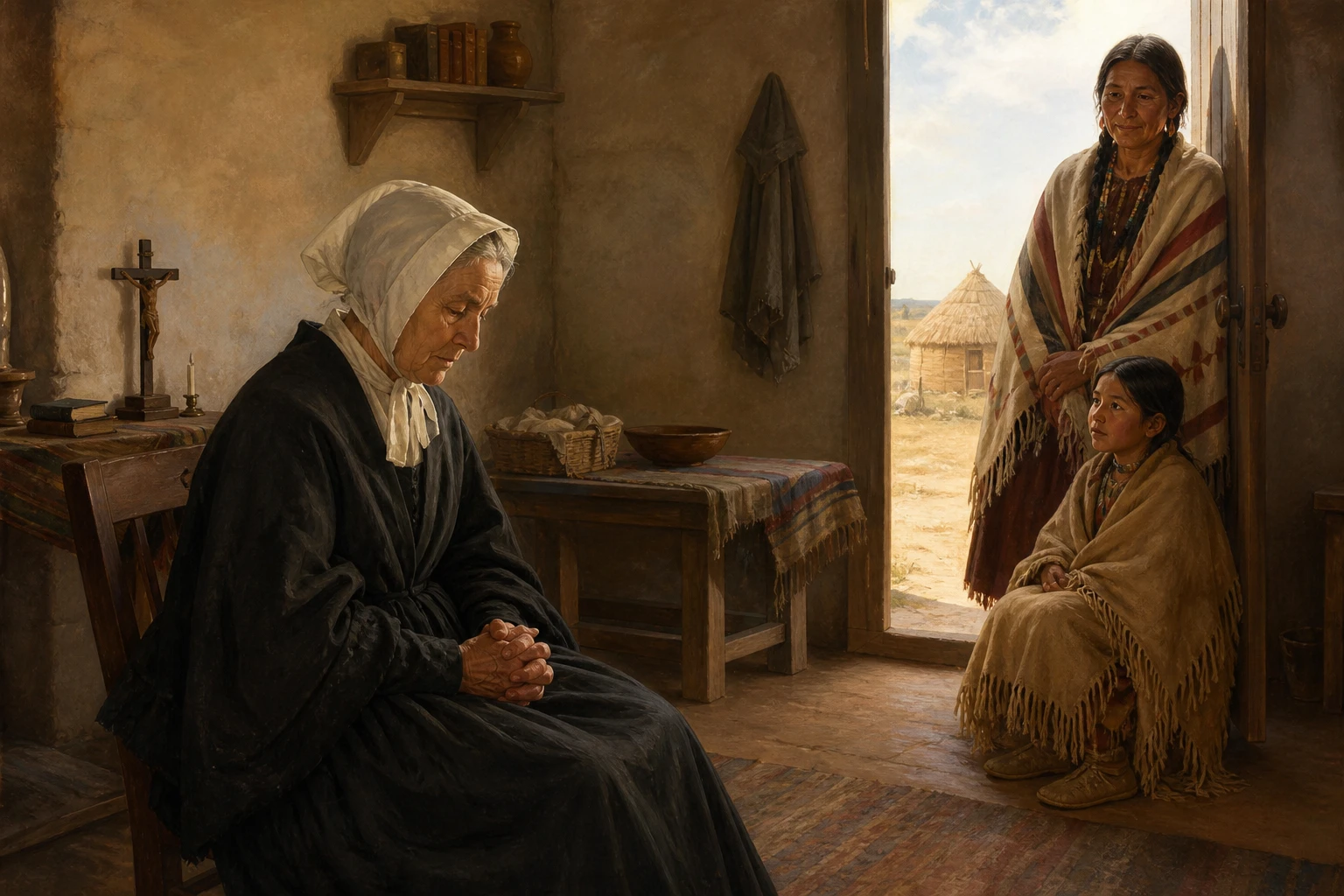 Santa Rosa Filipina Duchesne, anciana, reza en silencio acompañada por una mujer y una niña potawatomi en Kansas.