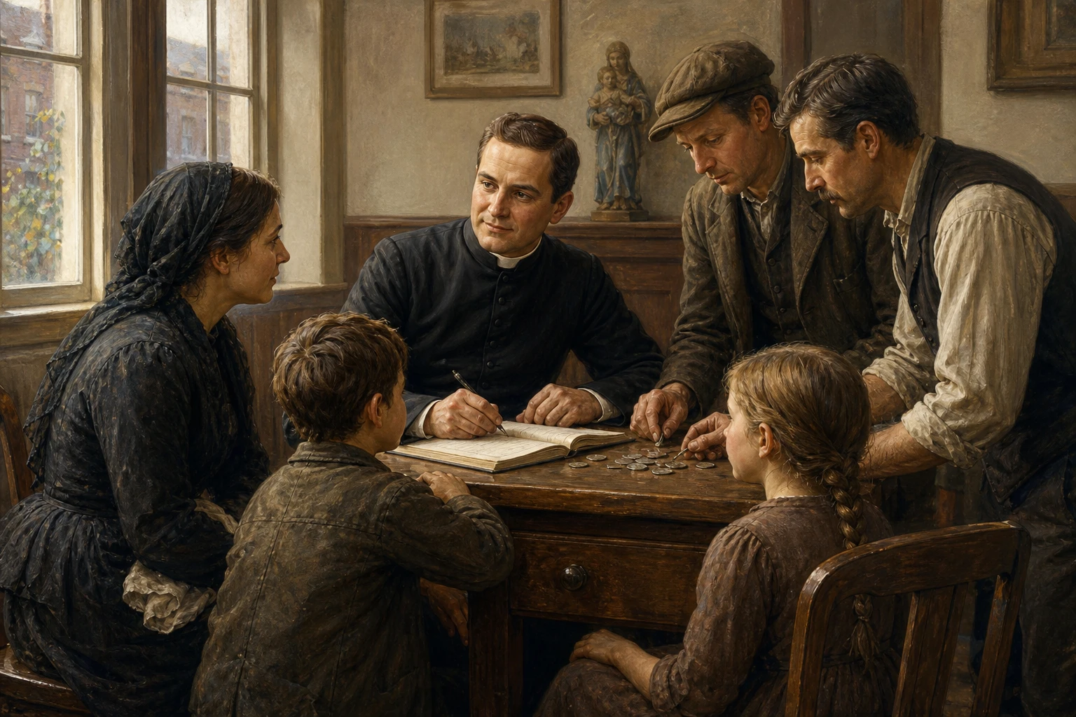 El beato Michael McGivney y dos laicos organizan ayuda para una viuda y sus hijos en New Haven hacia 1882.