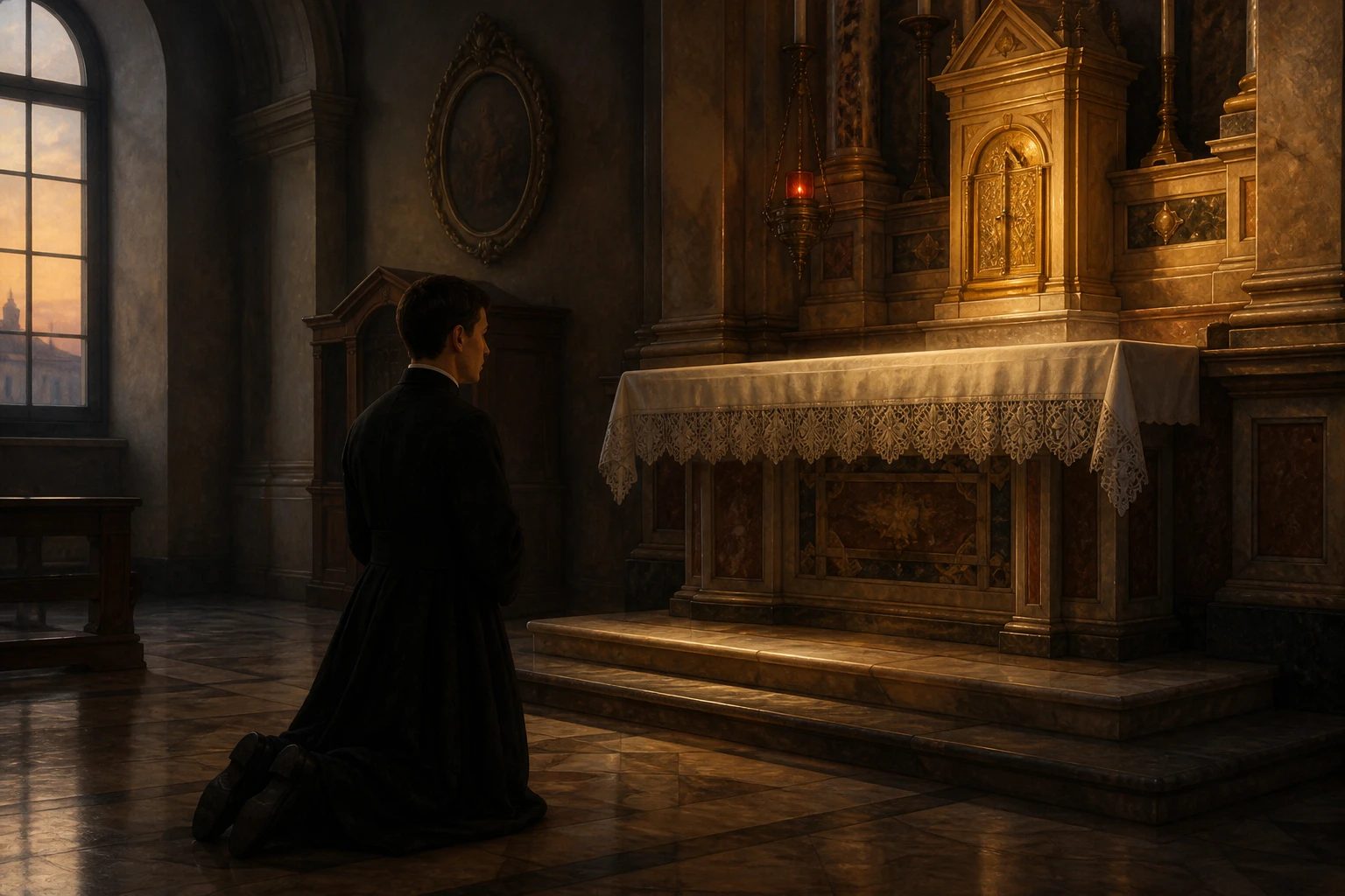El joven Santiago Alberione ora de noche ante el sagrario en una iglesia italiana casi vacía.