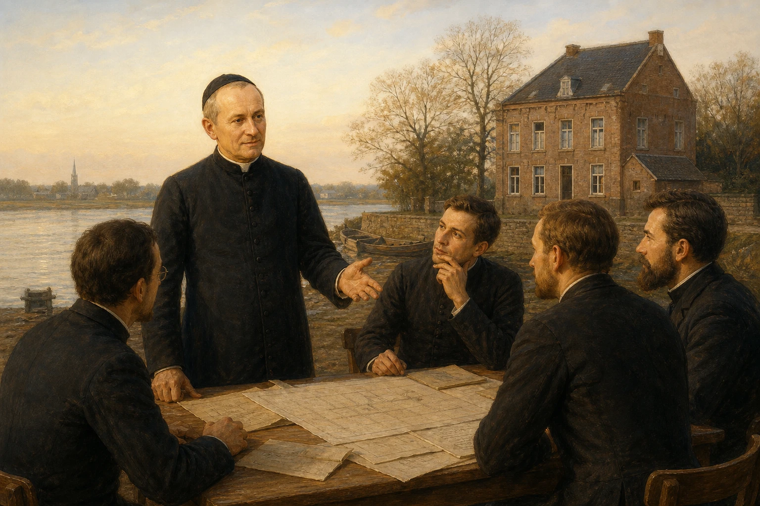 San Arnoldo Janssen conversa con sus colaboradores ante la nueva casa misionera de Steyl.