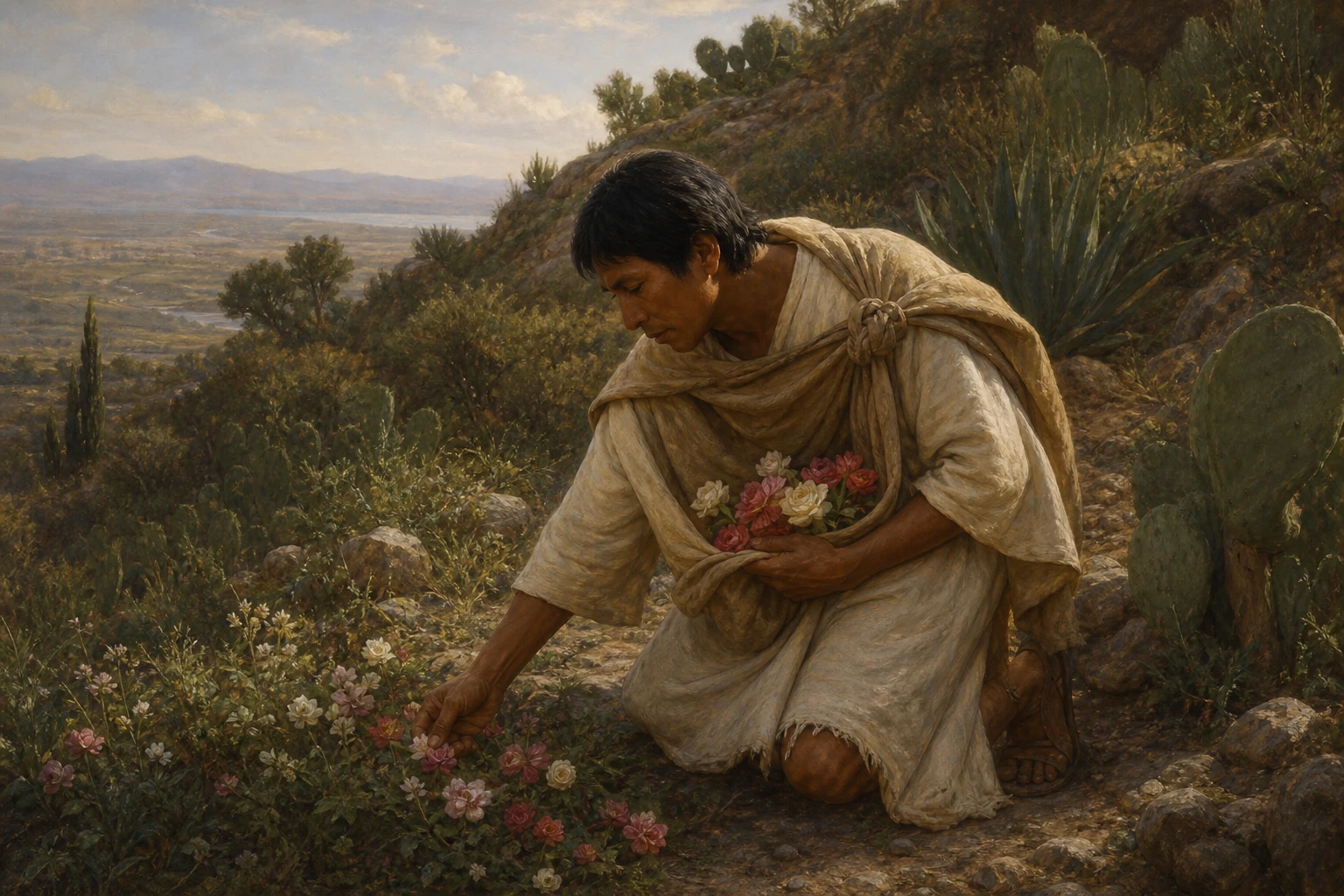 San Juan Diego recoge rosas en el cerro del Tepeyac y las guarda con cuidado en su tilma.