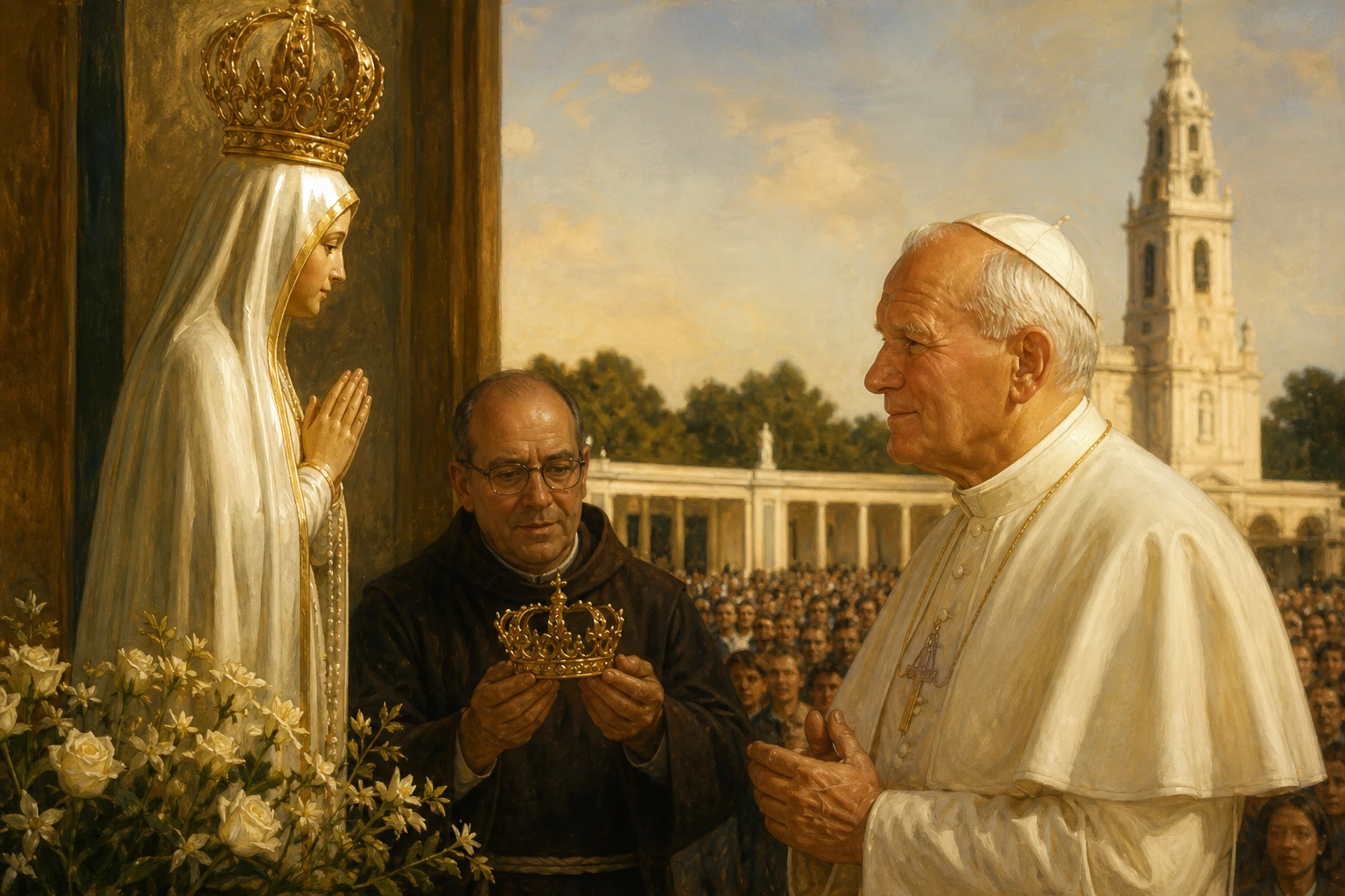 San Juan Pablo II contempla con gratitud la corona de la imagen de Fátima que conserva la bala del atentado.
