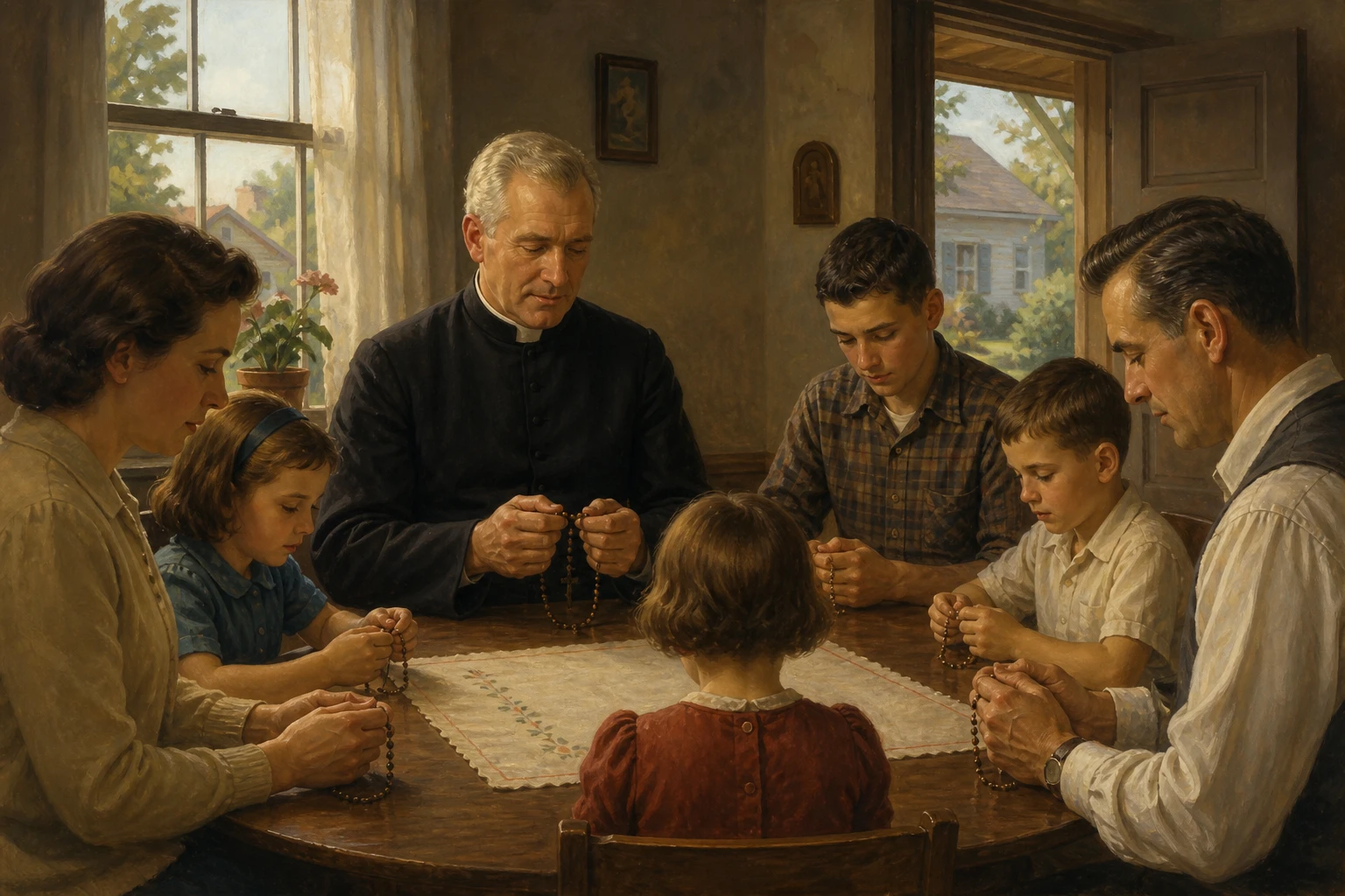 El venerable Patrick Peyton reza el rosario con una familia reunida alrededor de la mesa.