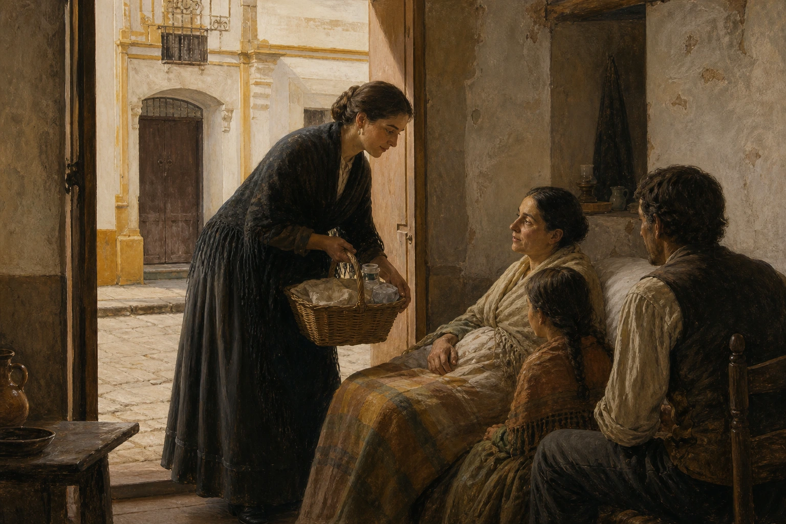 Santa Ángela de la Cruz entra con una cesta de cuidados en la casa humilde de una mujer enferma en Sevilla.